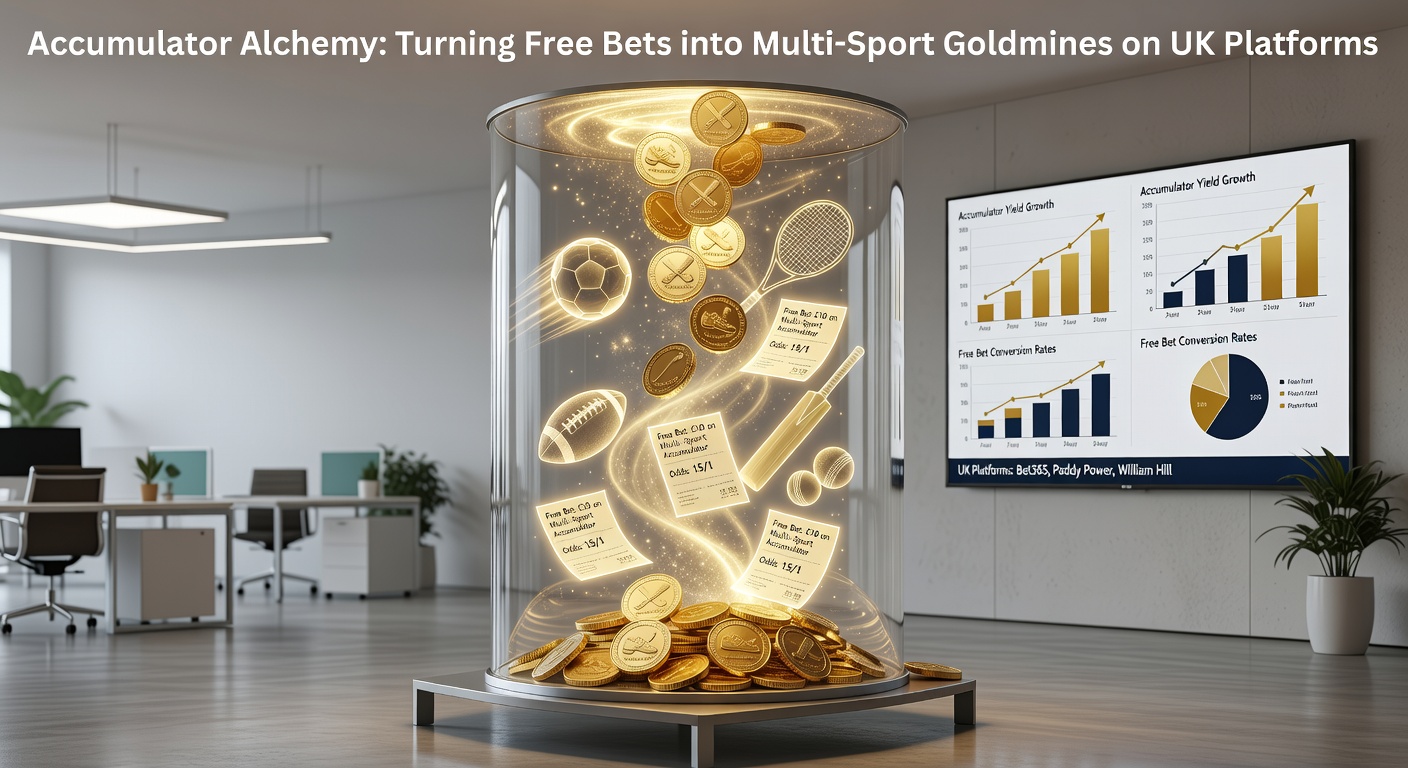 Vibrant graphic showing stacked accumulator bets transforming free bet tokens into cascading gold coins across football, horse racing, and tennis odds on a UK betting interface