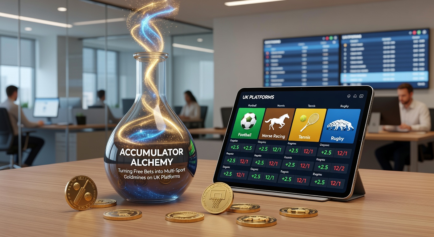 Dynamic screenshot of a multi-sport accumulator bet slip on a UK platform, featuring football matches, horse races, and tennis sets with escalating odds and free bet applied