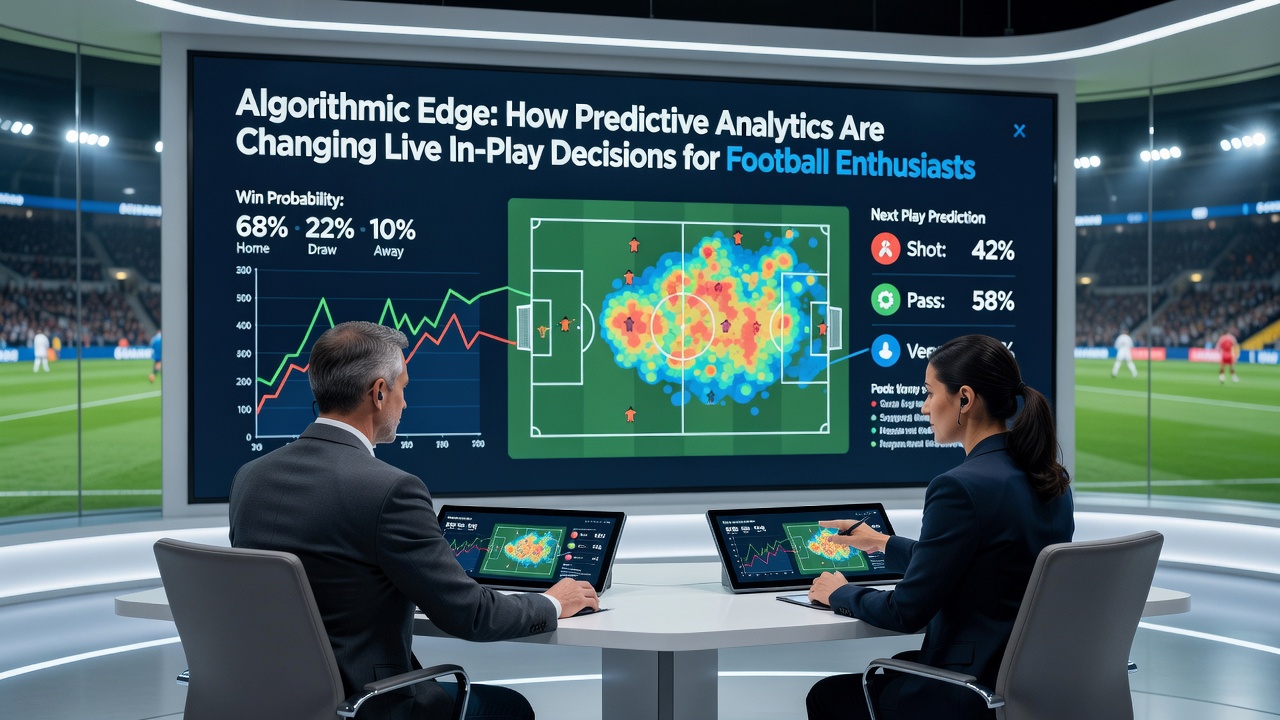 Live in-play analytics interface on a tablet displaying probability graphs and player heat maps during a football match