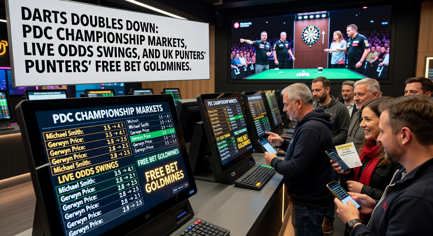 Close-up of dartboard during a tense PDC match, showing live odds display overlay with swinging prices