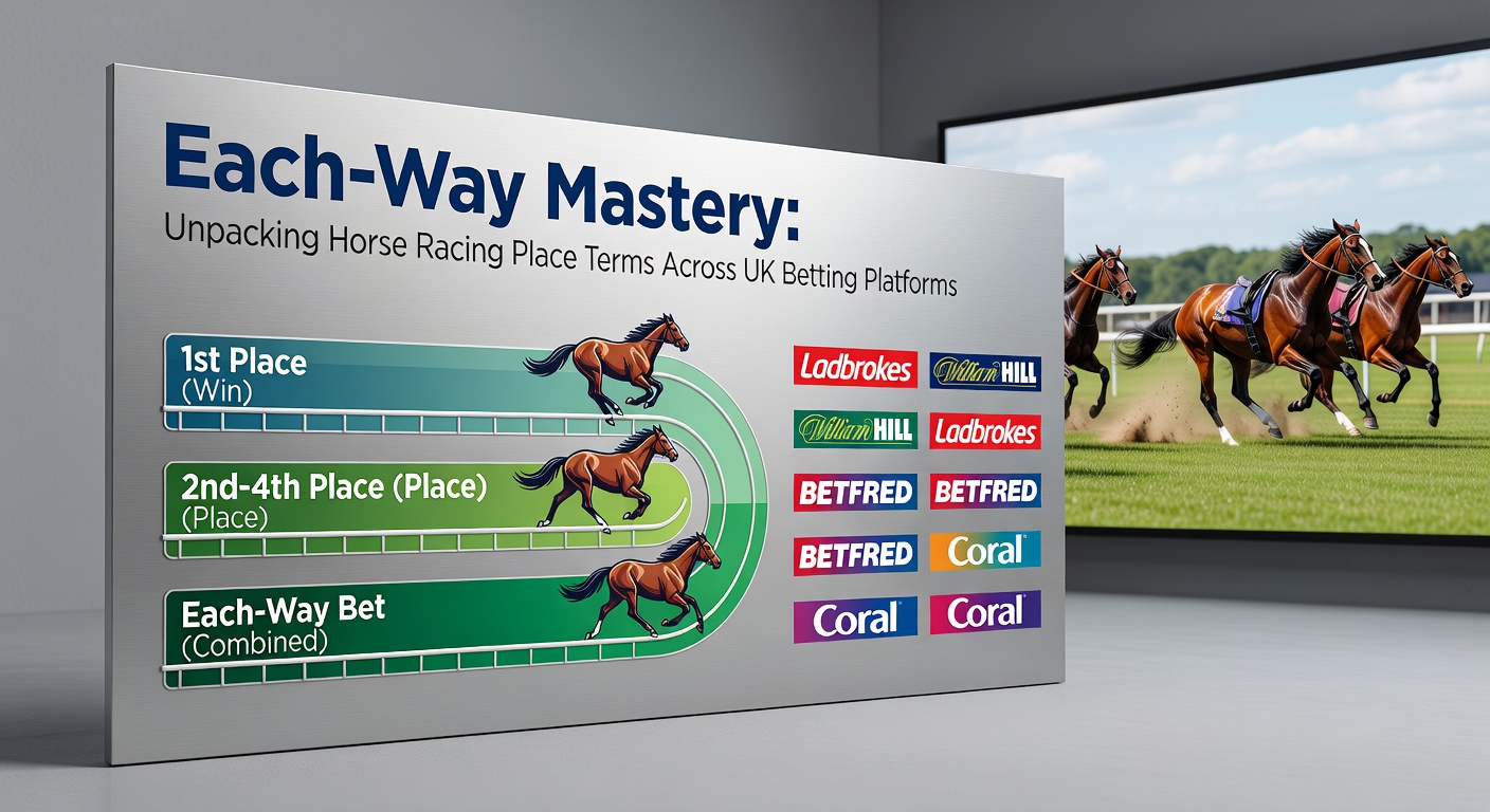 Horse racing field at a UK track with punters checking odds on their phones, highlighting each-way betting excitement