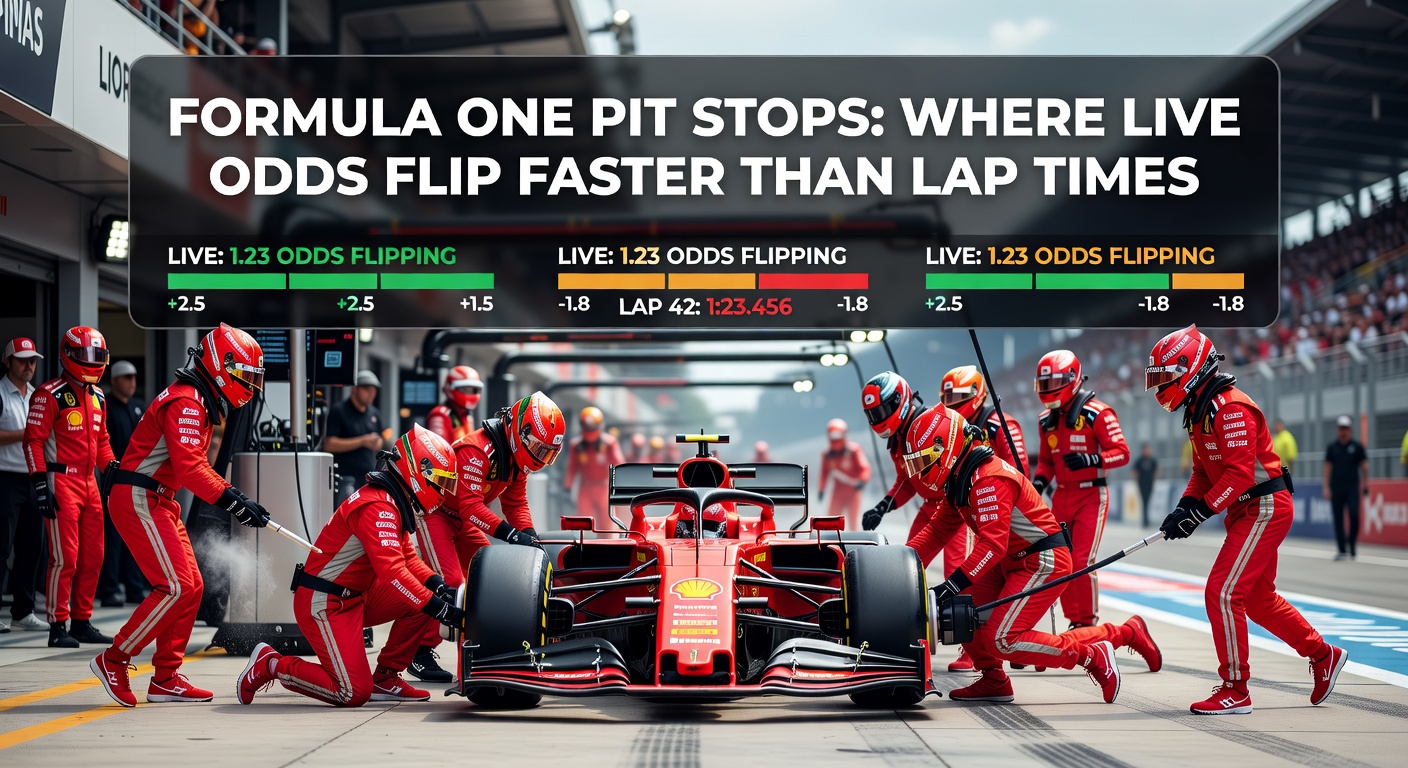 High-speed Formula One pit stop crew changing tires in a blur of motion under bright track lights