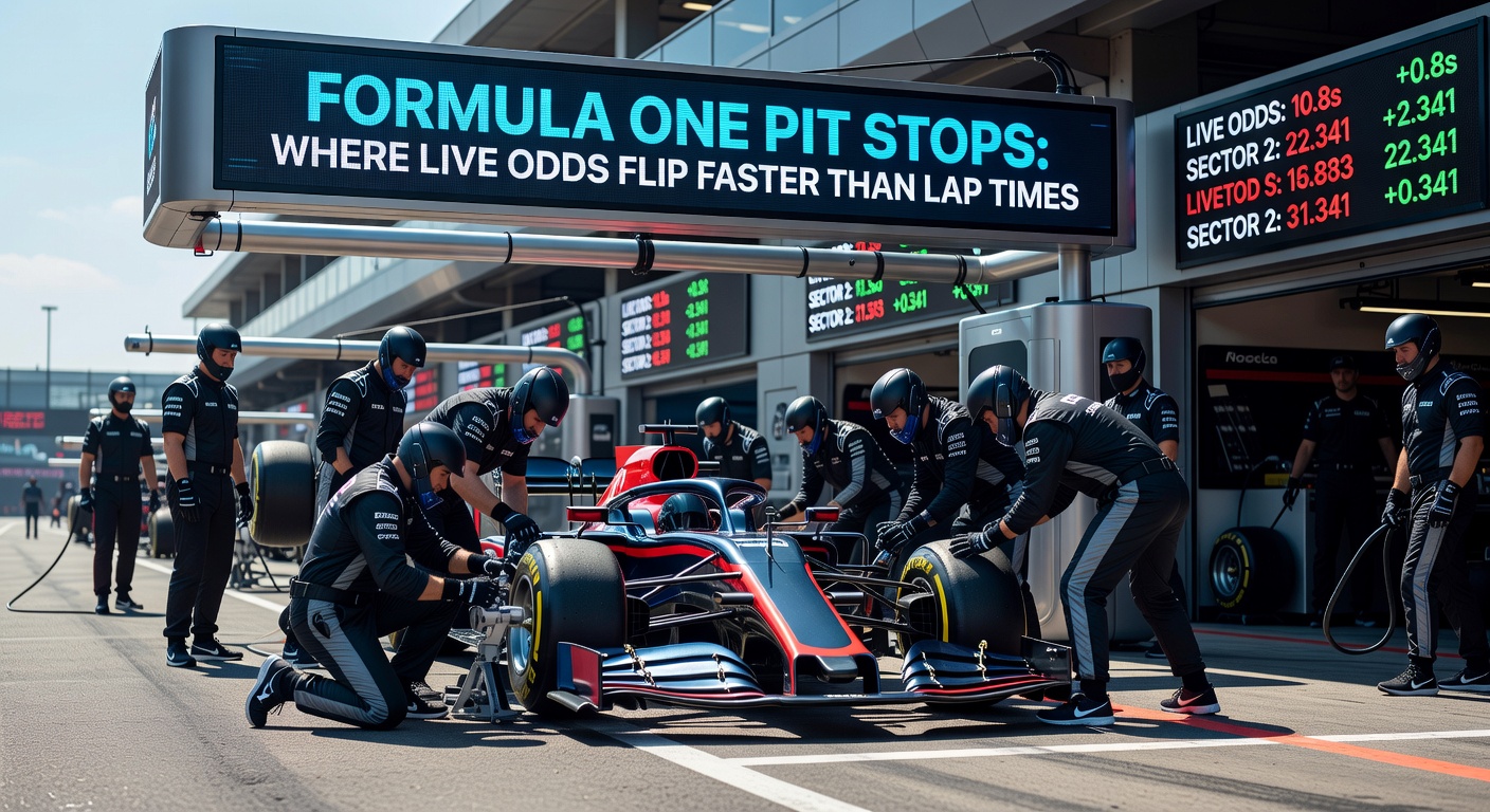 Close-up of Formula One mechanics in synchronized action during a high-stakes tire change, sparks flying from the wheels