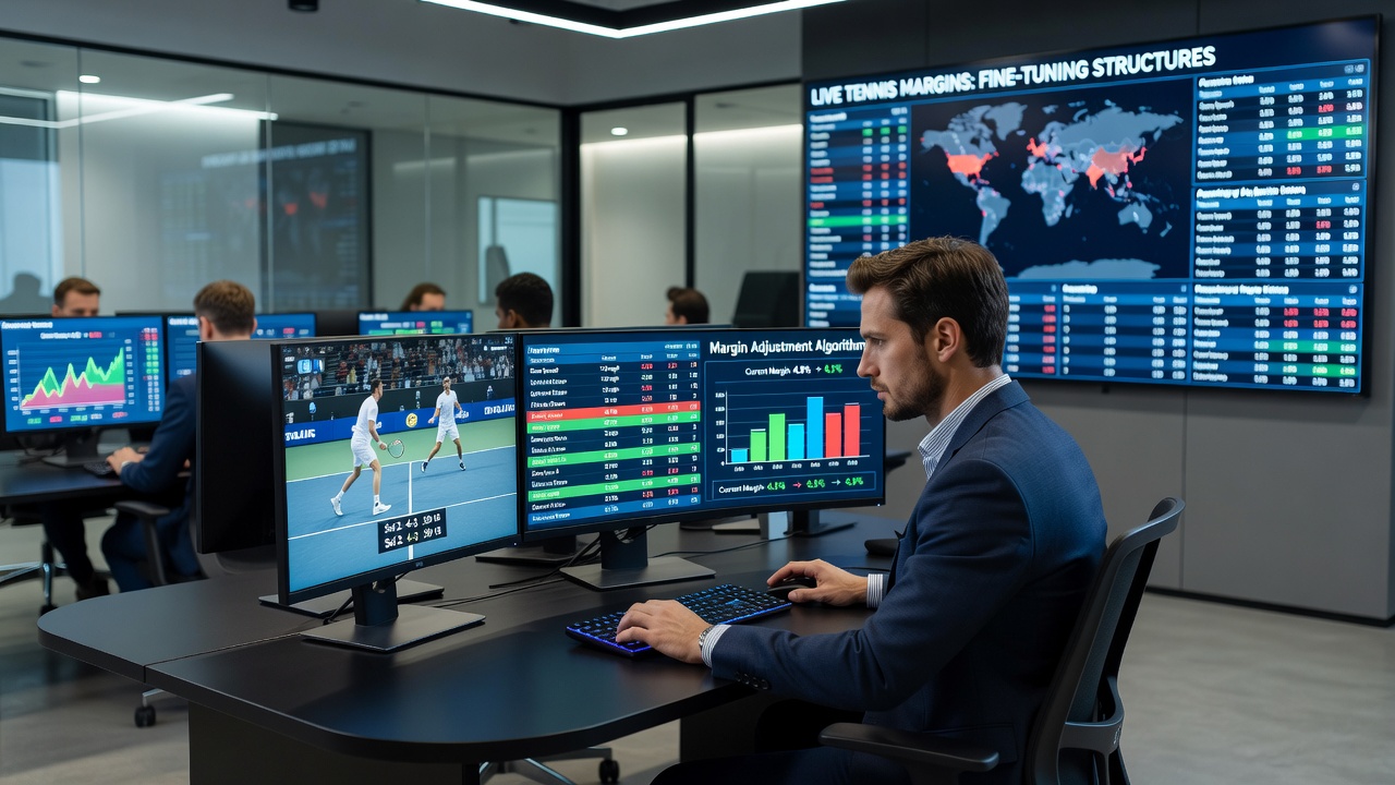 Close-up of tennis player serving with overlaid betting interface showing dynamic margin indicators