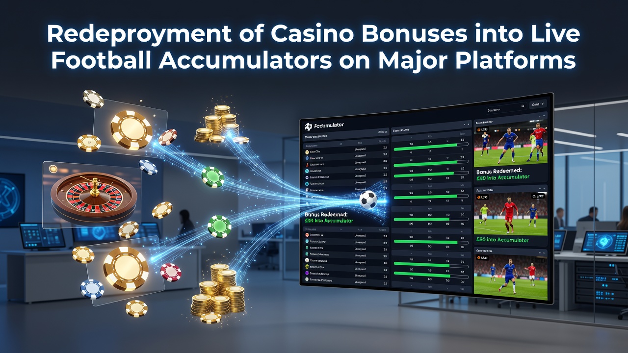 Screenshot showing live football accumulator interface with casino bonus balance integration