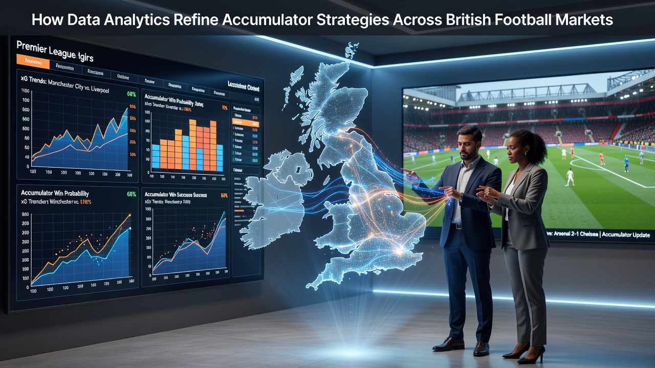 Data visualization dashboard showing accumulator bet analysis for British football matches
