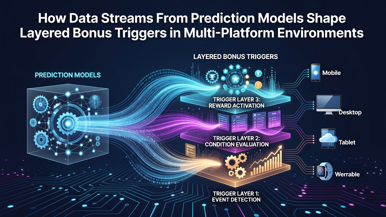Illustration of data streams flowing from prediction models into multi-platform bonus systems