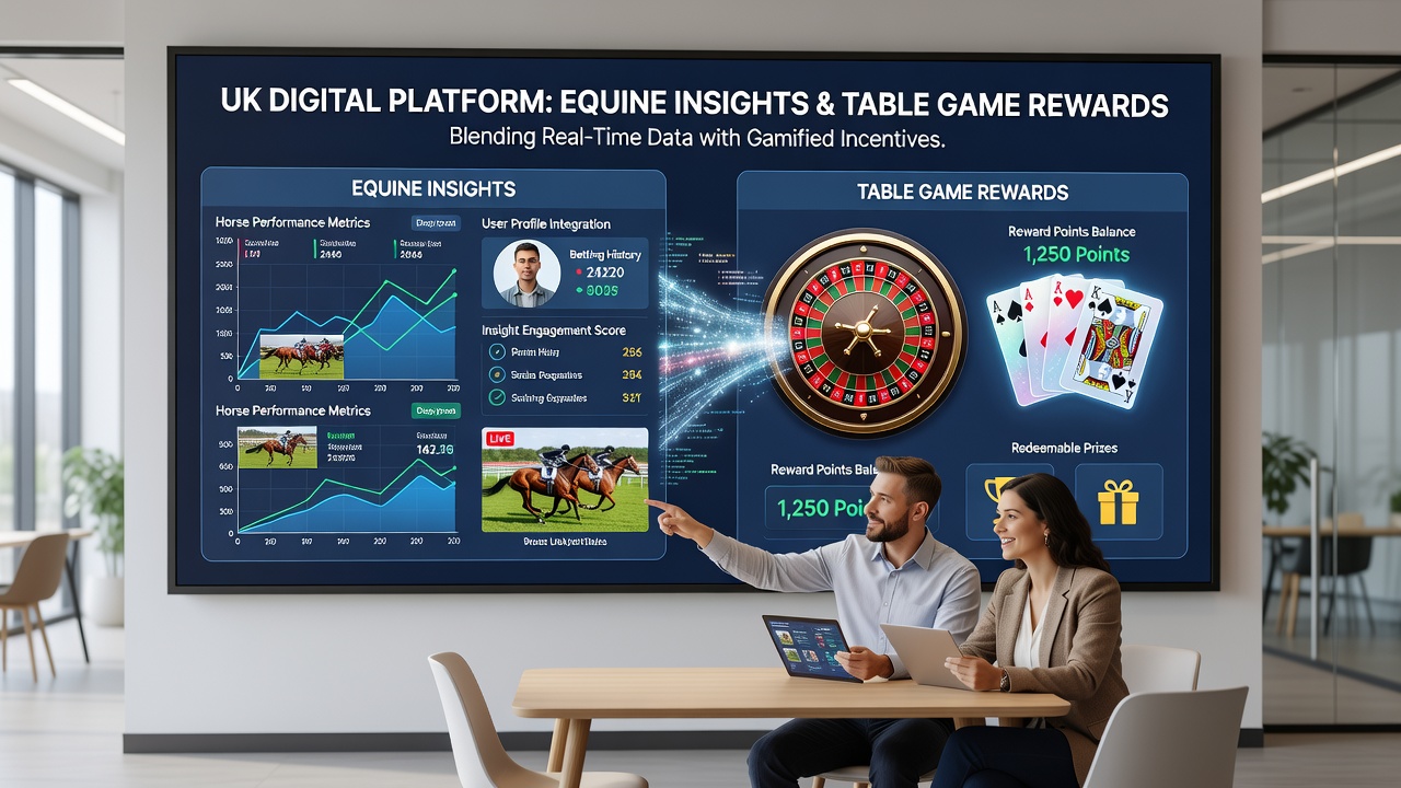 User interface screenshot of blended equine insights and table game reward notifications on a UK platform