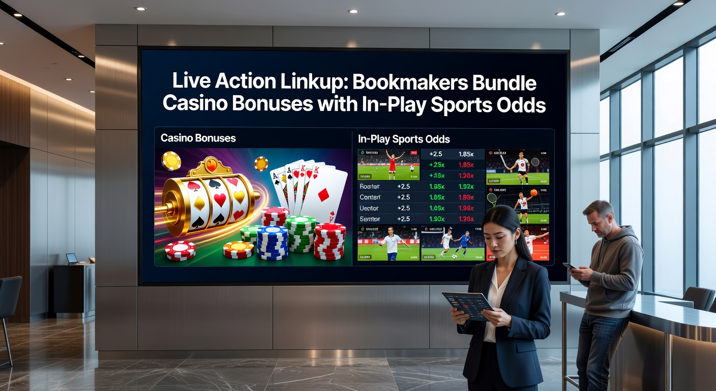 Dynamic digital screen showing intertwined casino slots and live football in-play odds with bonus promotions highlighted