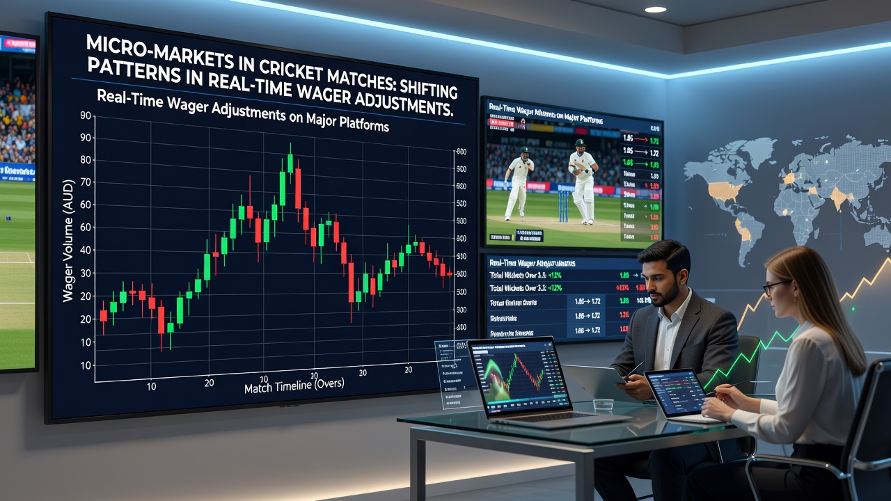 Cricket match action with live betting interfaces showing micro-market odds on major platforms