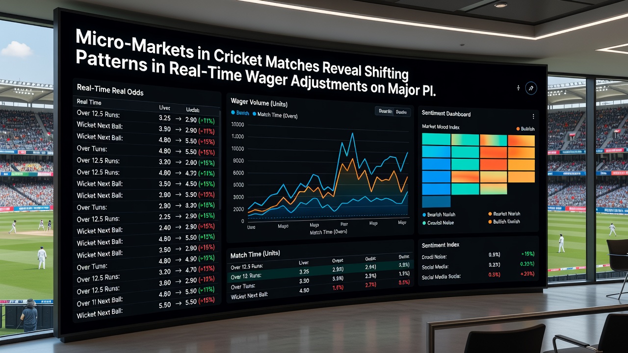 Real-time odds boards displaying cricket micro-market adjustments during a live match