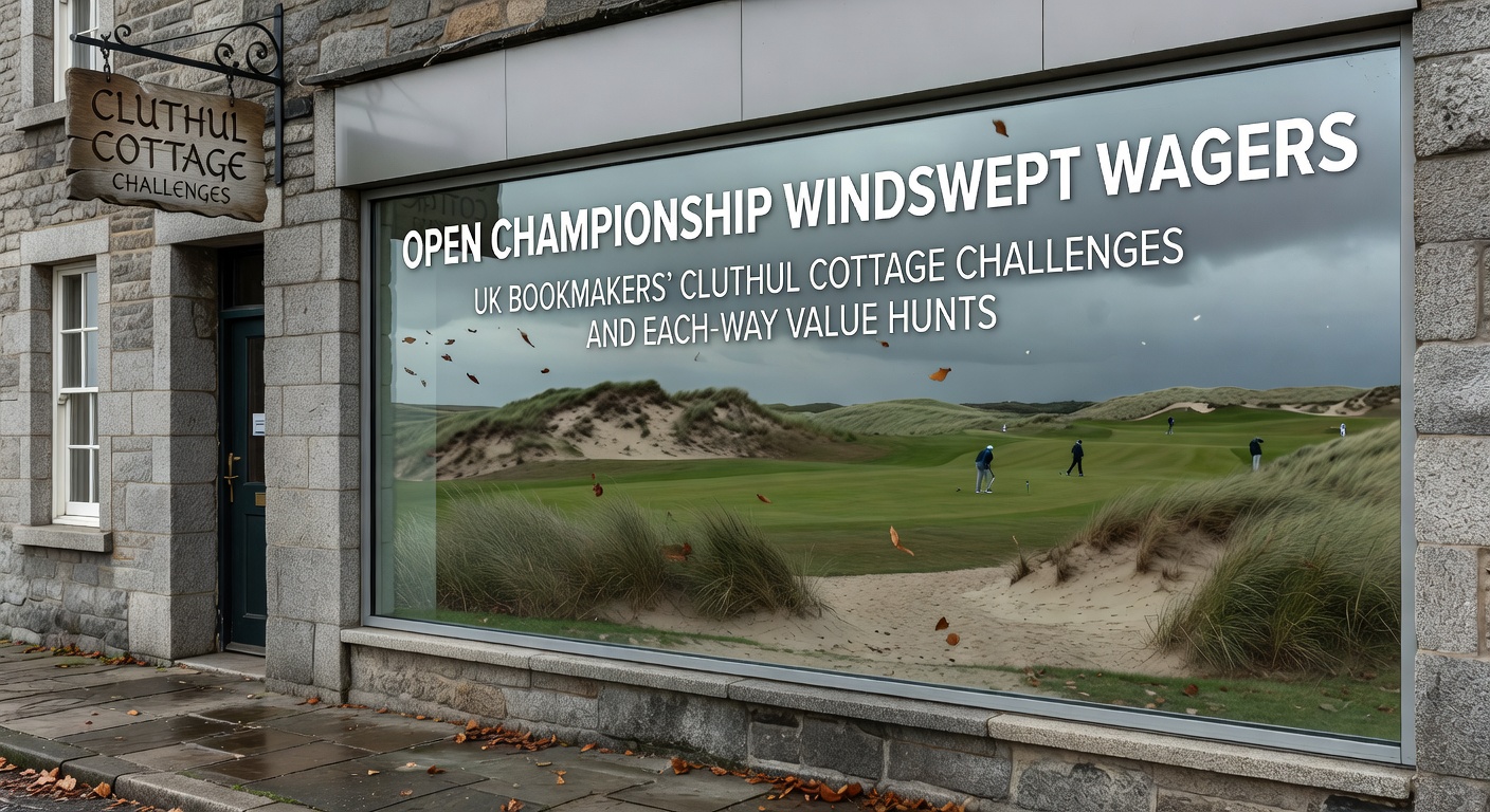 Dramatic scene of golfers battling fierce winds on the Open Championship links course, with turbulent skies and bent grass whipping in the gusts