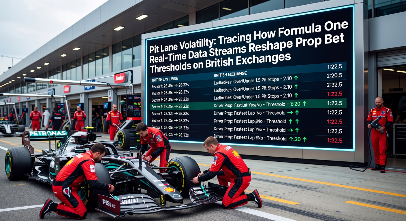 Formula One pit crew working on a car during a high-speed stop with live timing data overlays visible on trackside screens