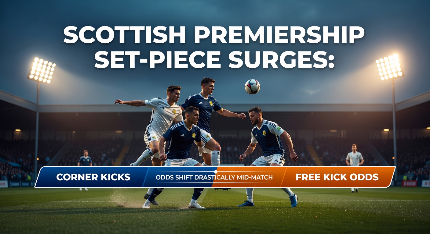 Action shot of a tense corner kick in a Scottish Premiership match, with players crowding the penalty area under floodlights
