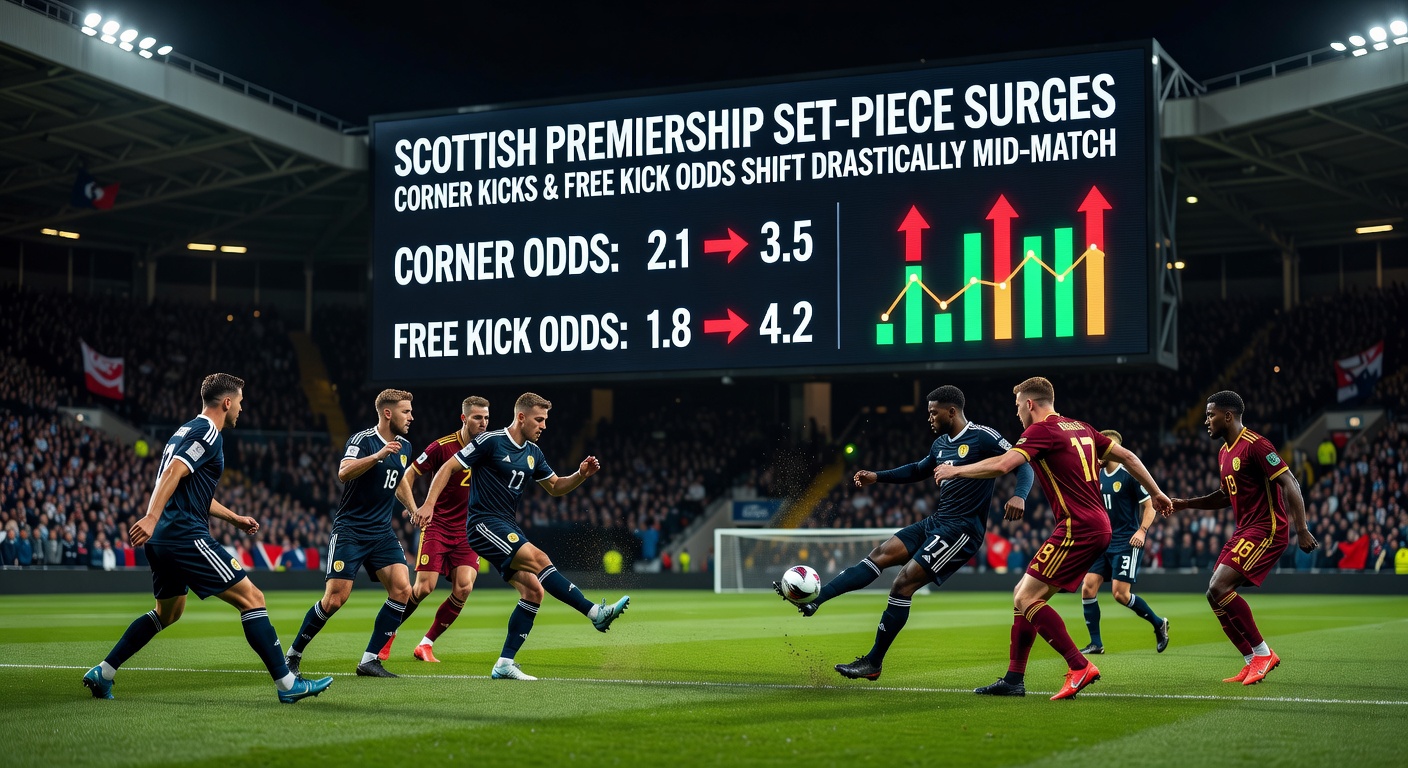 Close-up of a curling free kick arcing toward the Scottish Premiership goal, defenders leaping amid the chaos