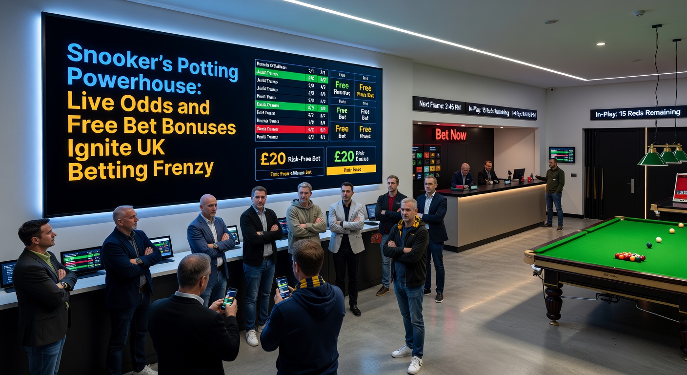 Close-up of bookmaker app screen displaying live snooker odds, free bet promotions highlighted, with graphs showing real-time fluctuations during a intense frame