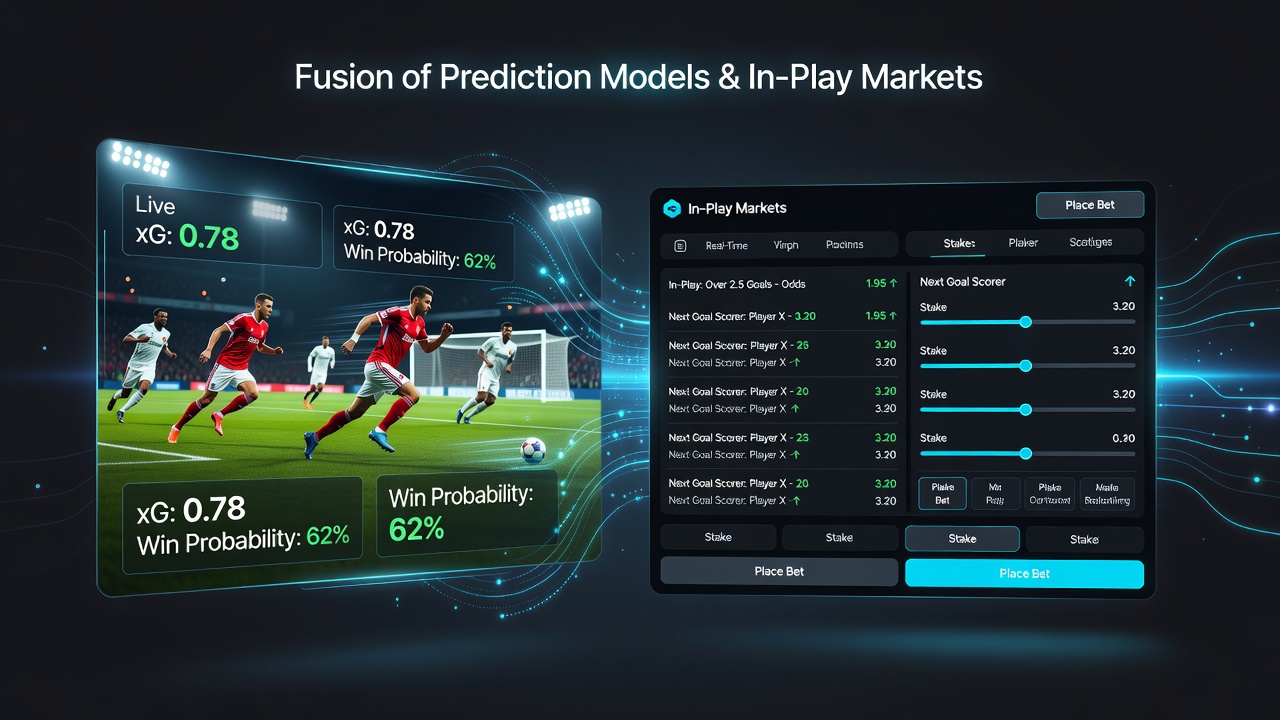 Illustration of AI prediction models analyzing live football match data on betting platforms