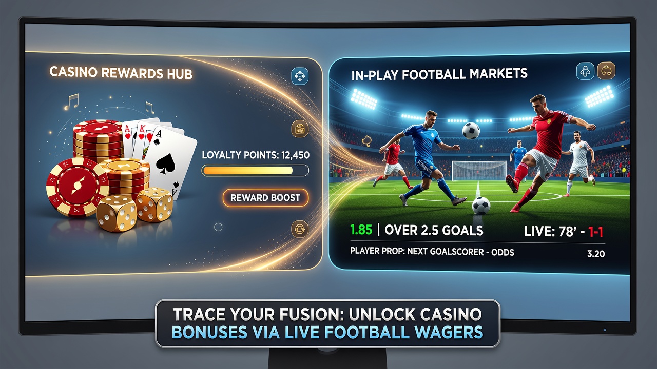 Digital betting interface showing casino rewards integrated with live football odds