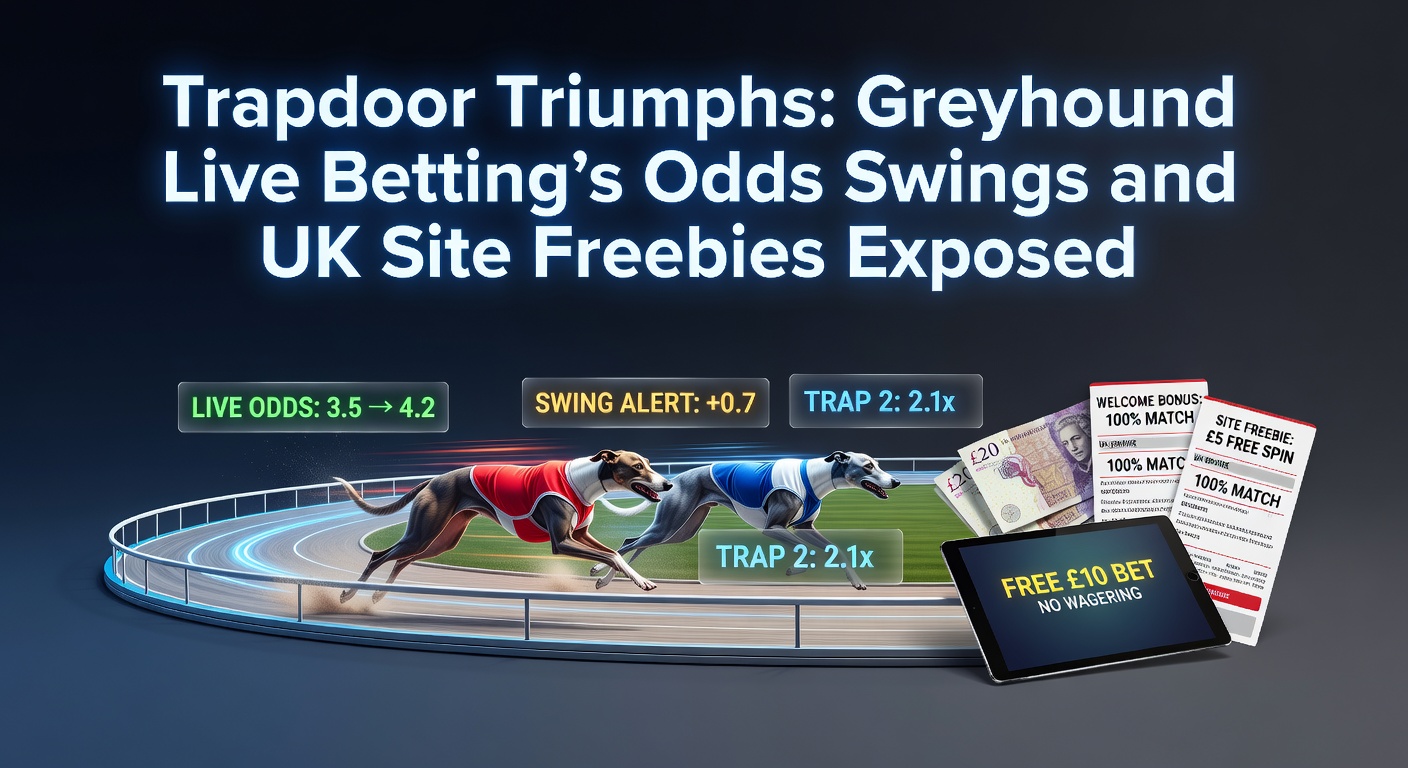 A dynamic greyhound race in progress at a UK track, with live betting odds overlay showing rapid changes mid-race