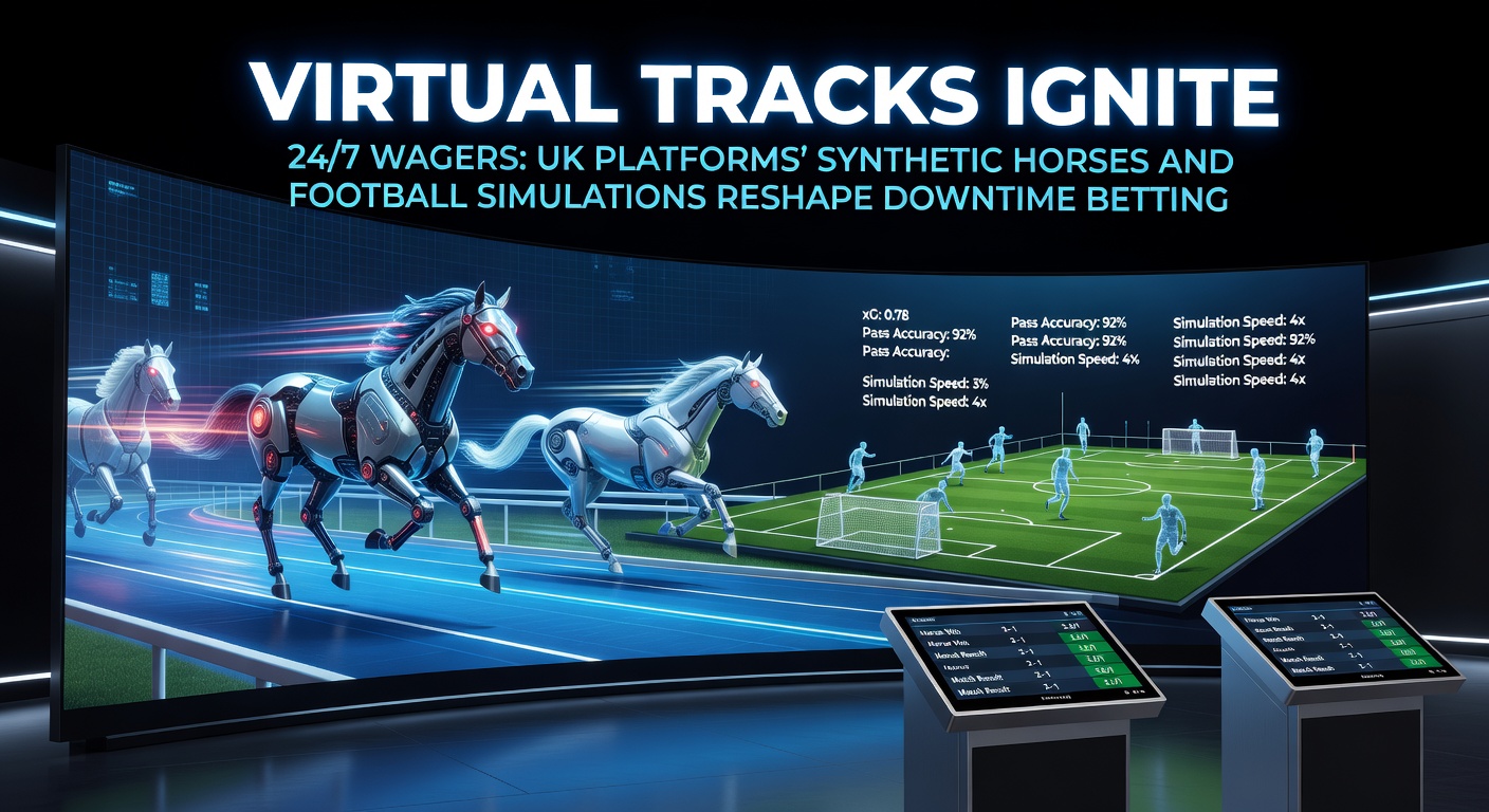 Dynamic visualization of synthetic horse racing tracks with animated horses speeding around a virtual circuit under spotlights, capturing the high-energy essence of 24/7 betting action on UK platforms