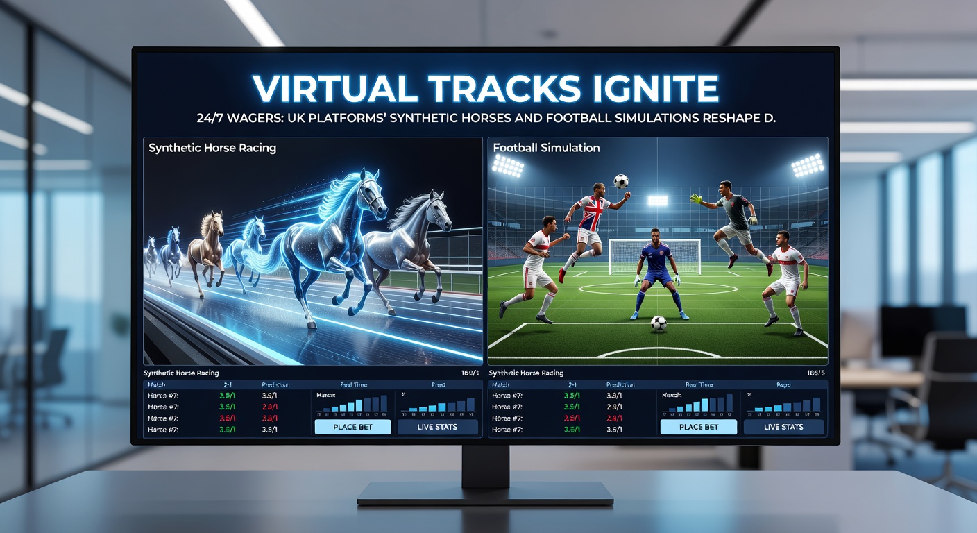 Close-up of a virtual football simulation screen showing animated players clashing in a penalty area, with overlaid betting odds shifting dynamically to illustrate the fast-paced wagering environment on British betting sites